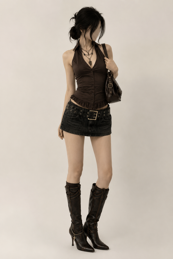 Woman in a dark halter top, mini skirt, and high heel boots posing in a studio
