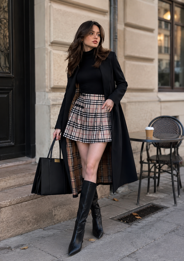 Woman in a long black coat and plaid skirt standing on a street