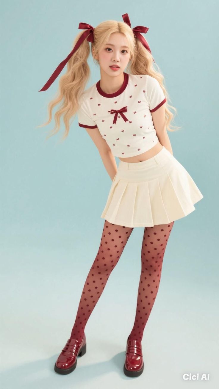 Blonde woman with pigtails and red bows wearing a crop top and pleated skirt