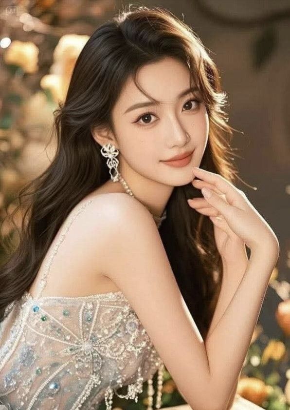 Woman with long hair wearing a sparkling dress and earrings