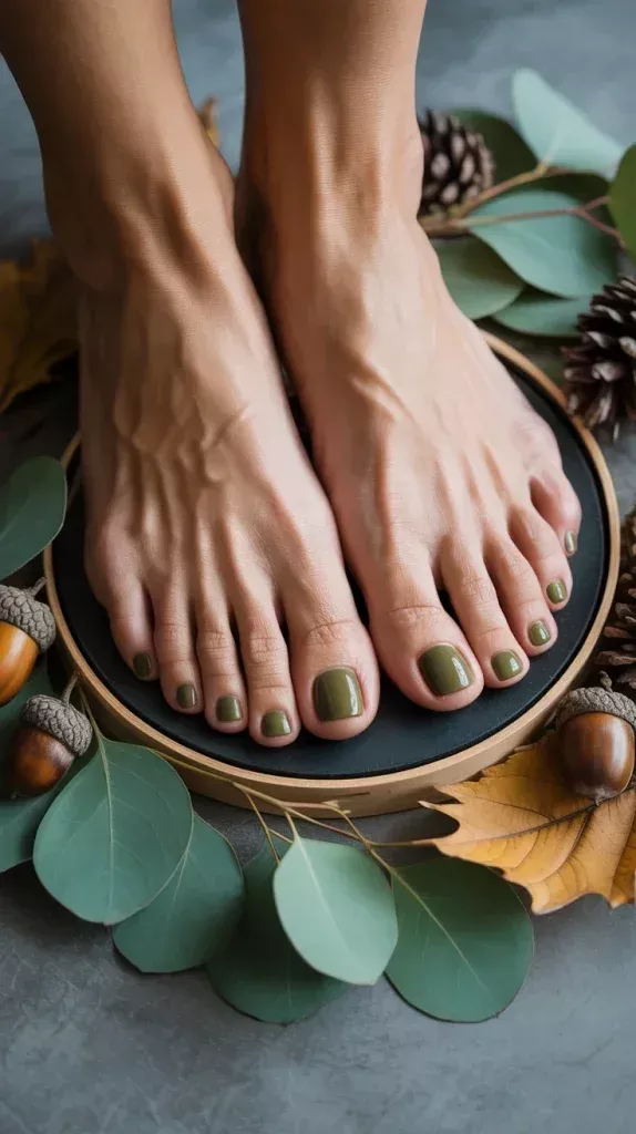 Feet with green nail polish surrounded by autumn-themed decorations