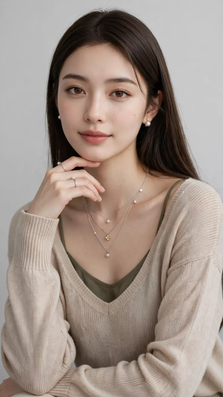 Woman with long dark hair wearing a v-neck sweater and pearl jewelry