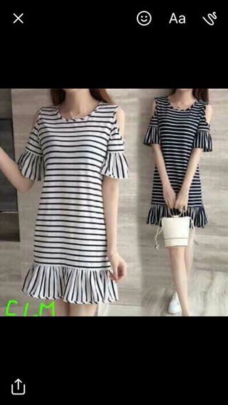 Two women wearing striped cold-shoulder mini dresses with ruffle sleeves