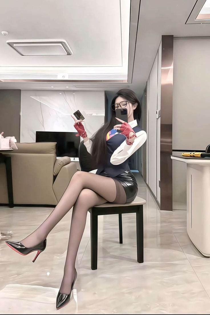 Woman in a black skirt and pantyhose sitting indoors, taking a mirror selfie