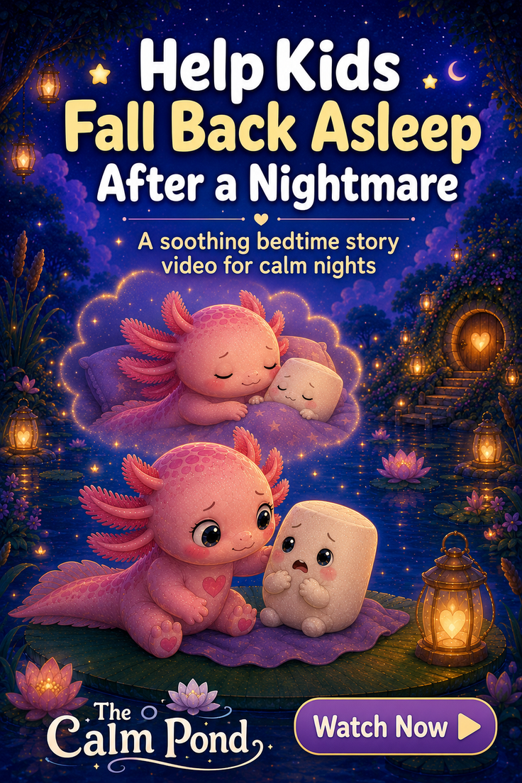 Cute pink axolotl comforting a marshmallow character in a magical night forest