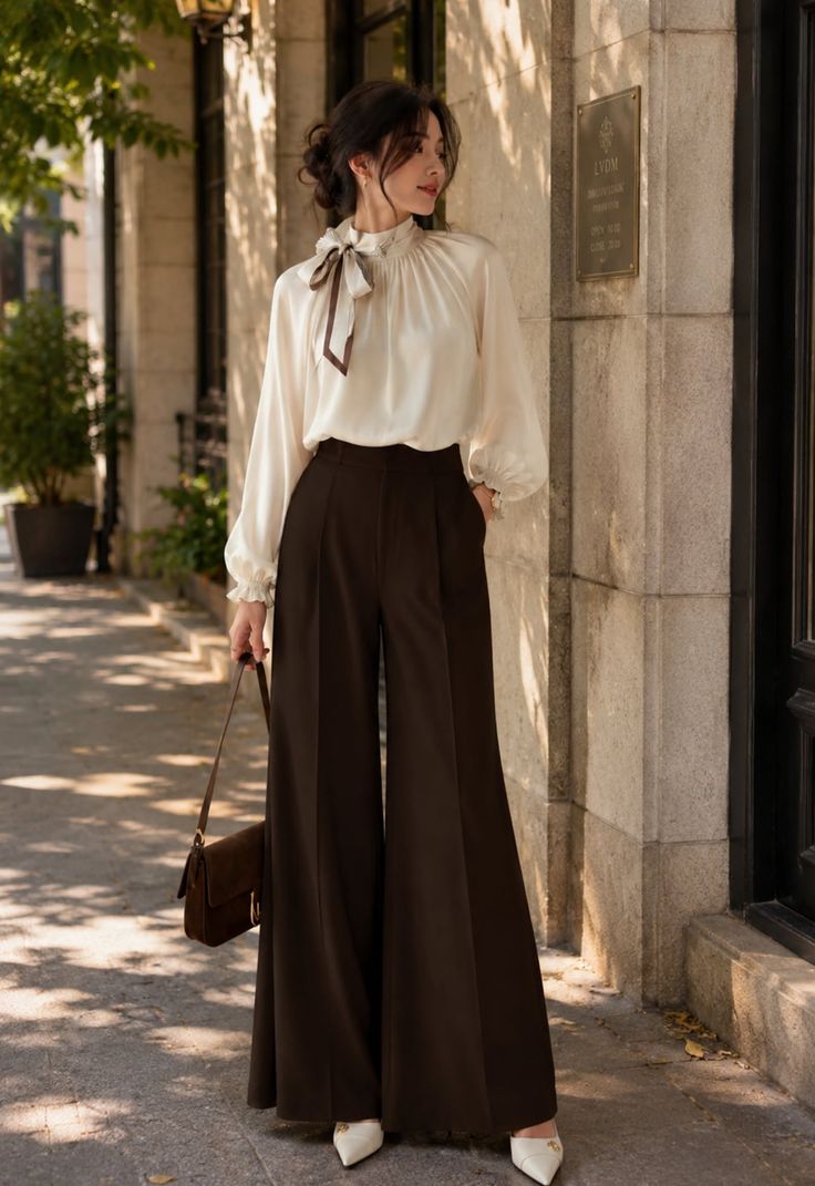 Woman in a white blouse and brown wide-leg pants standing outdoors
