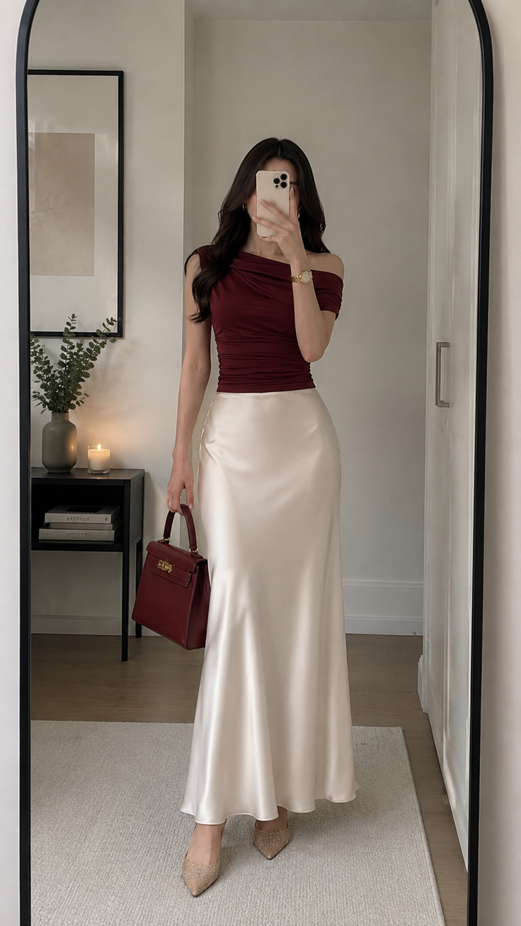 Woman in a maroon off-shoulder top and a cream satin skirt taking a mirror selfie