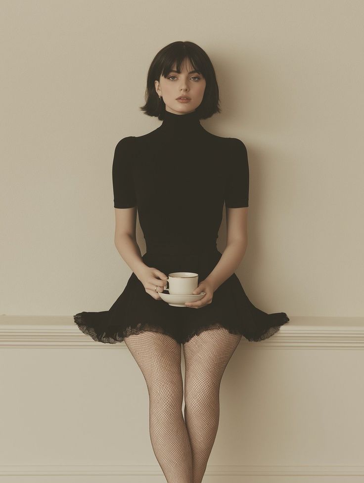 Woman with short black hair in a black dress and fishnet stockings holding a cup