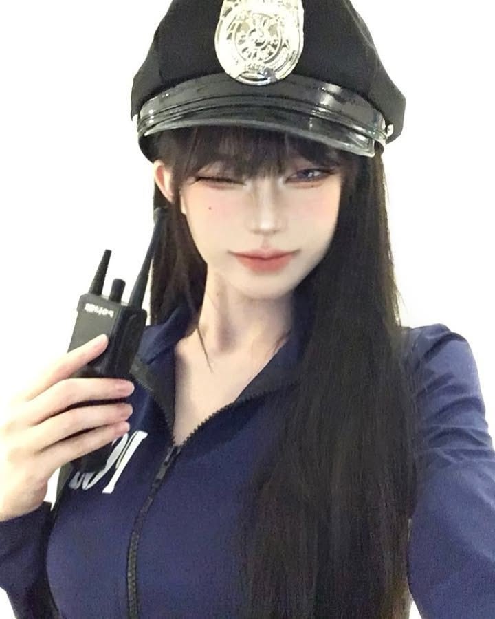 Anime style character in a police uniform winking and holding a walkie talkie