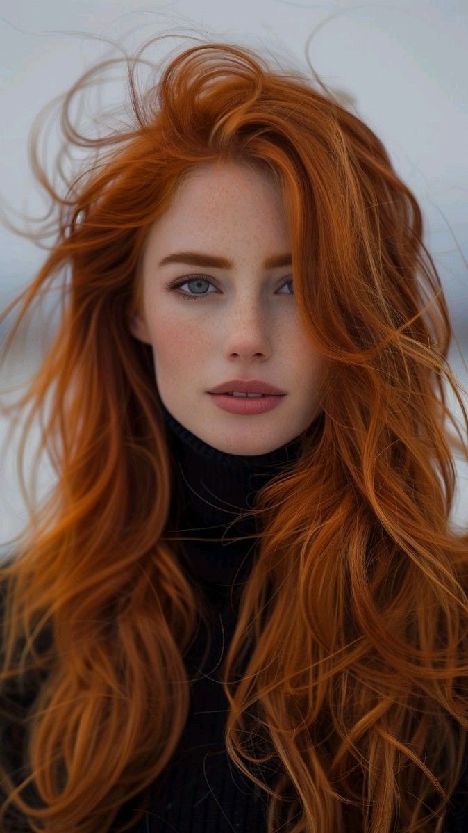 Woman with long red hair and freckles wearing a black turtleneck