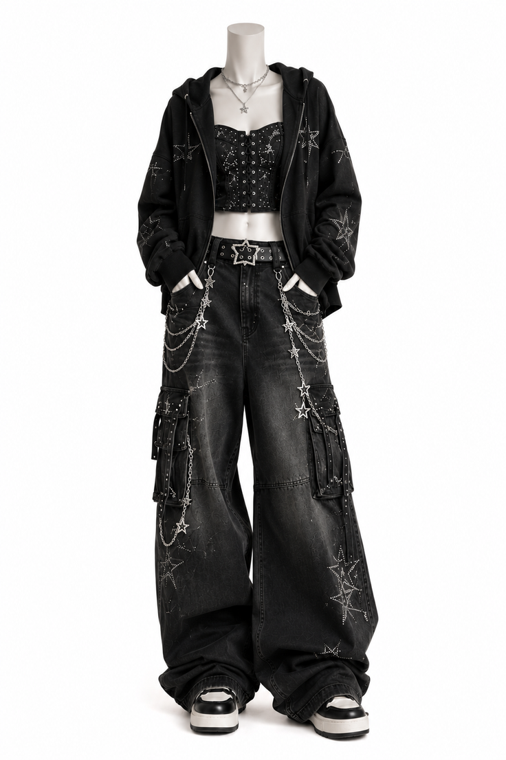 Mannequin wearing a black hoodie, star-patterned corset, wide-leg cargo jeans, and chunky shoes