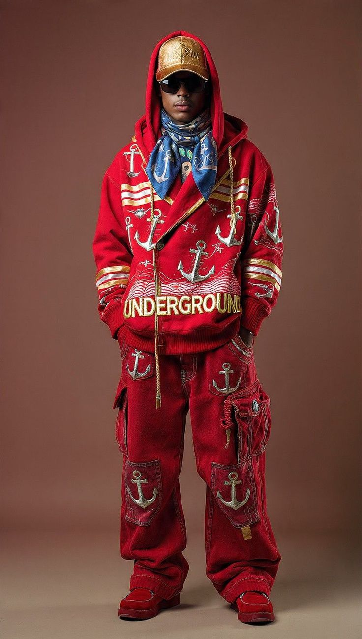 Person in a red hoodie and cargo pants with anchor motifs, wearing a gold cap and sunglasses