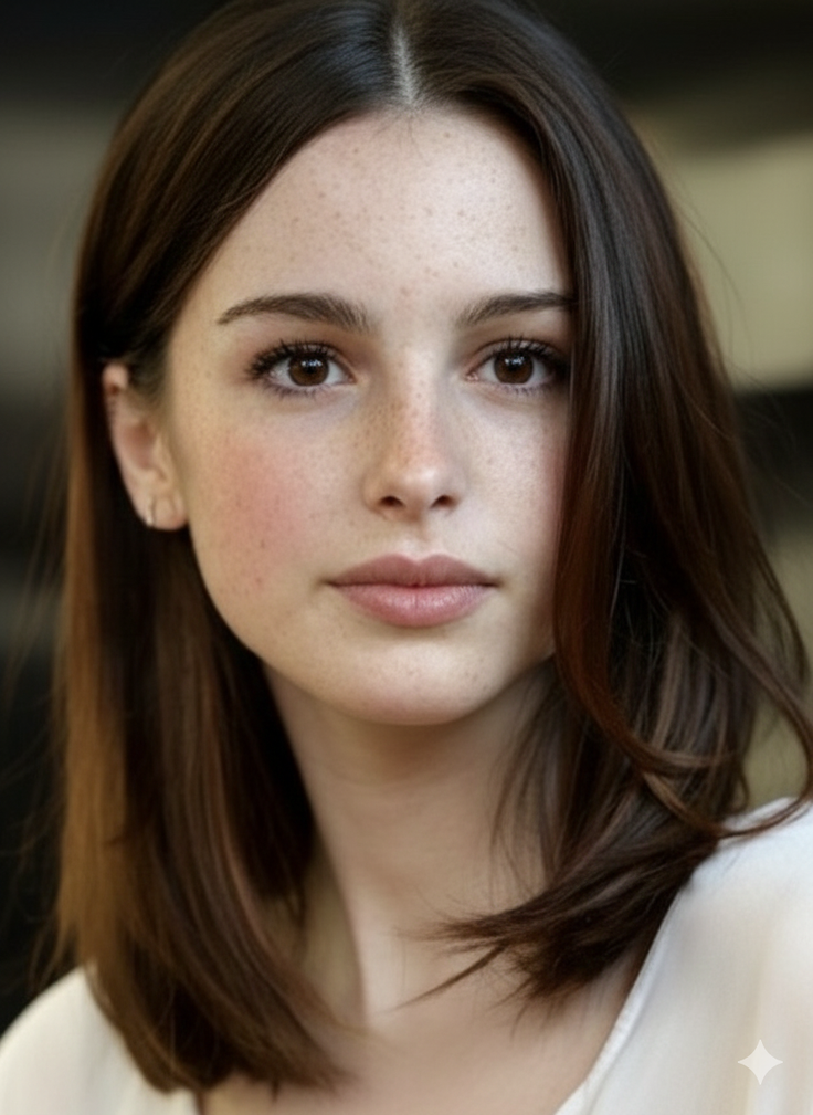 Woman with freckles and brown hair looking directly at the viewer