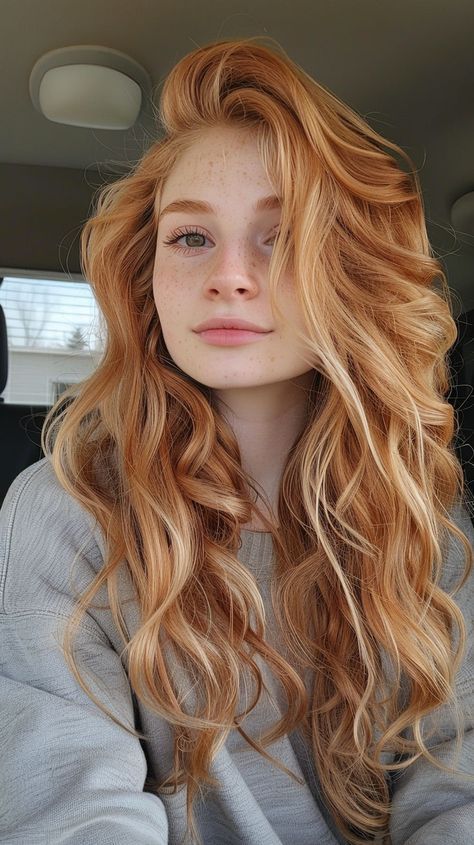 Woman with long red wavy hair and freckles in a grey sweater