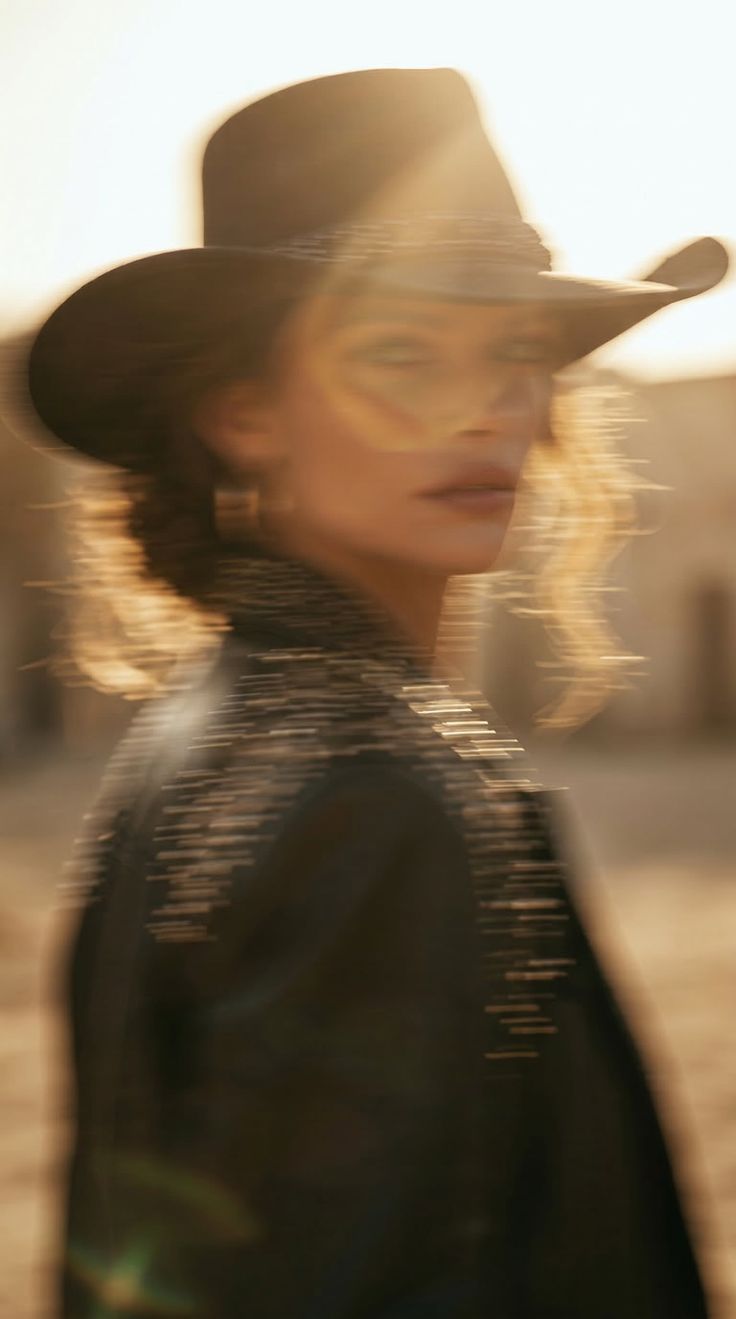Woman in a cowboy hat and leather jacket with motion blur and golden hour backlight