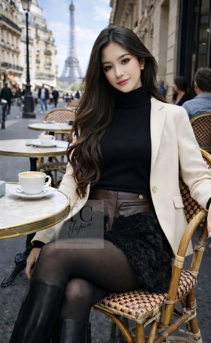 Woman with long dark hair at an outdoor cafe with the Eiffel Tower in the background