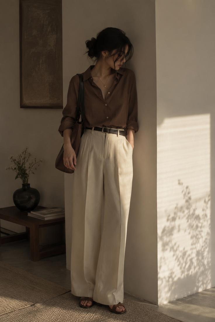 Woman in a brown shirt and wide leg pants standing indoors with soft lighting