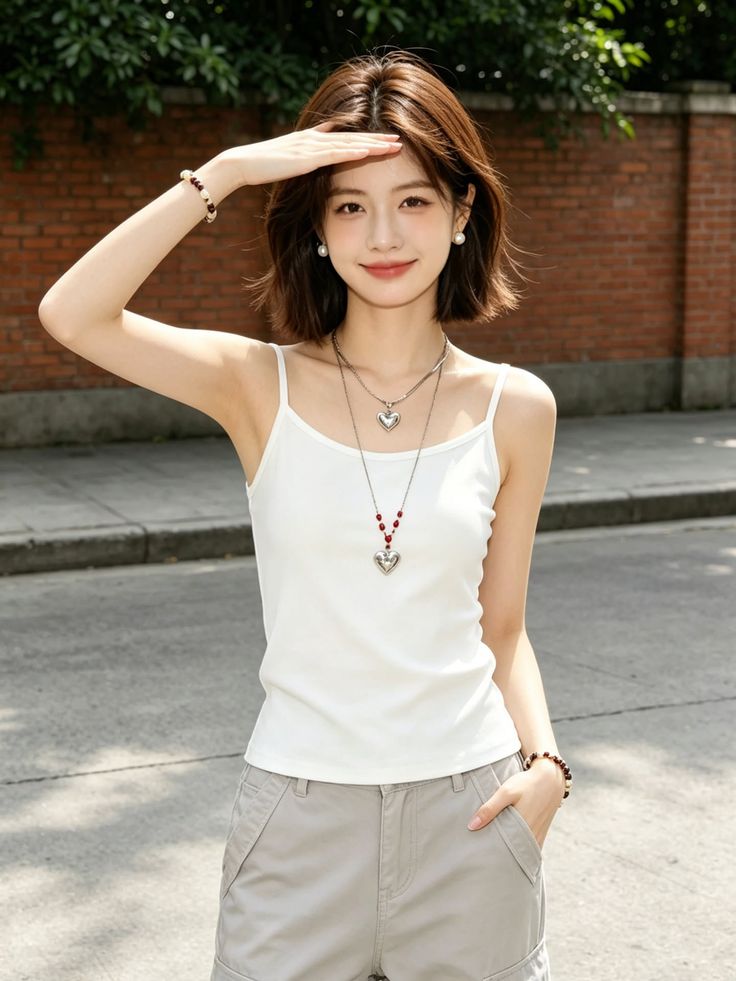 Woman in a white tank top and shorts shielding her eyes from the sun