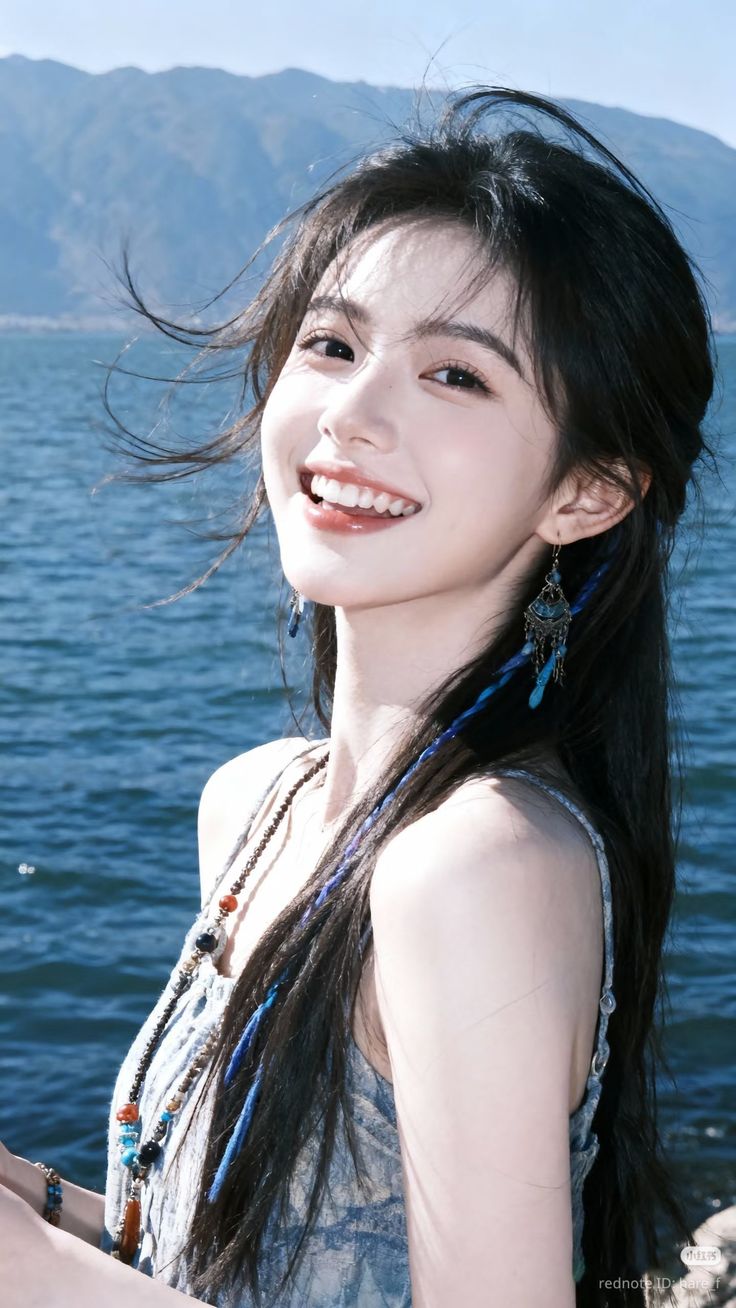 Smiling woman with long dark hair and beaded jewelry by a large body of water