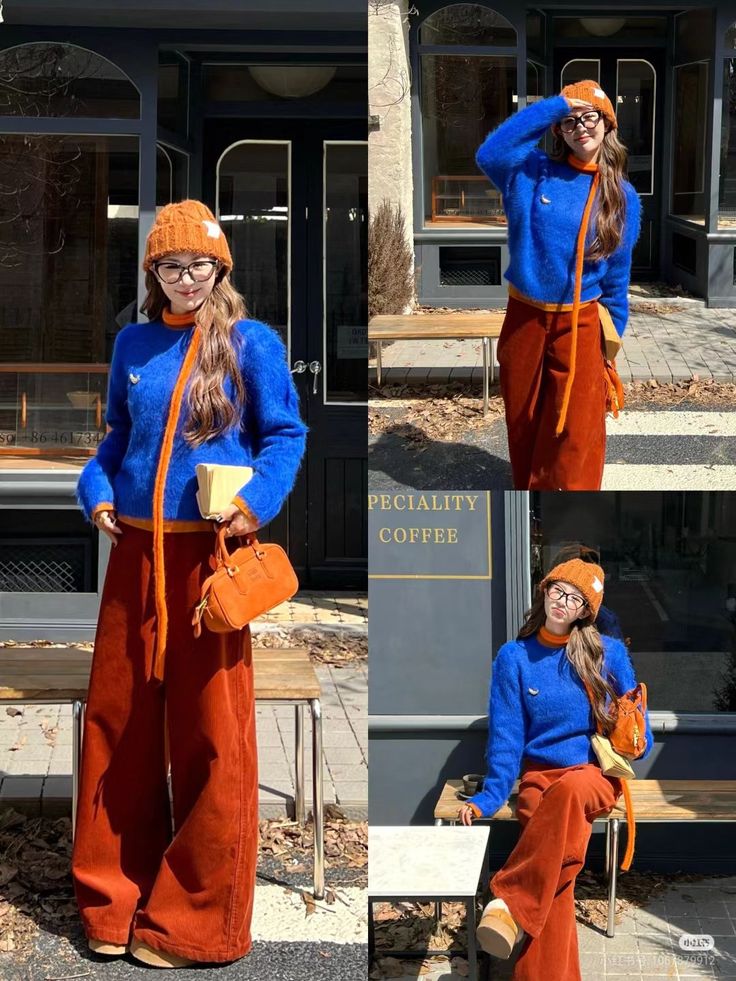 Woman in a blue sweater and orange corduroy pants posing outdoors