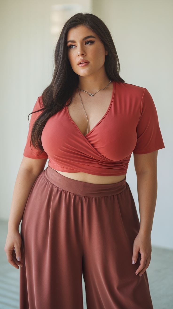 Woman with long dark hair wearing a crop top and wide leg pants indoors