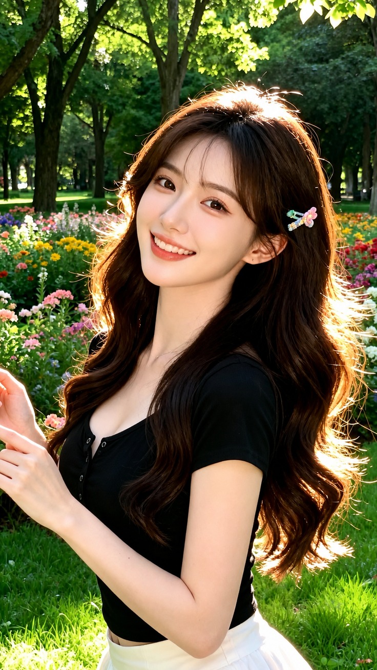 Smiling woman with long hair in a flower garden with backlight
