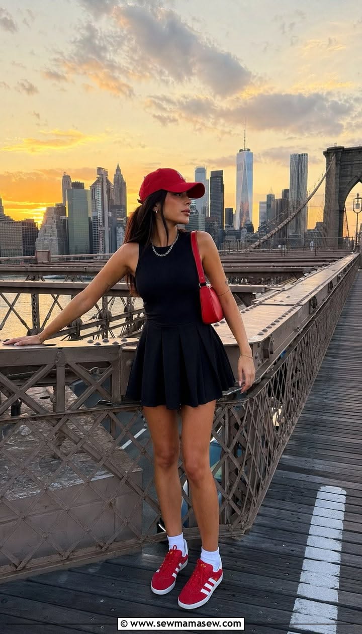 Woman in a black dress and red cap on the Brooklyn Bridge at sunset