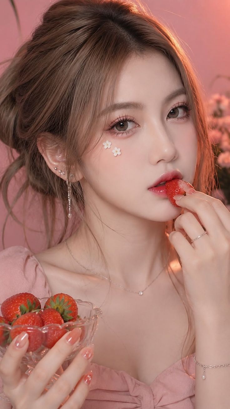 Woman in a pink dress holding strawberries with flower stickers on her cheek