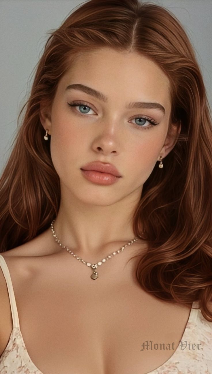 Realistic portrait of a woman with long red hair and blue eyes wearing jewelry