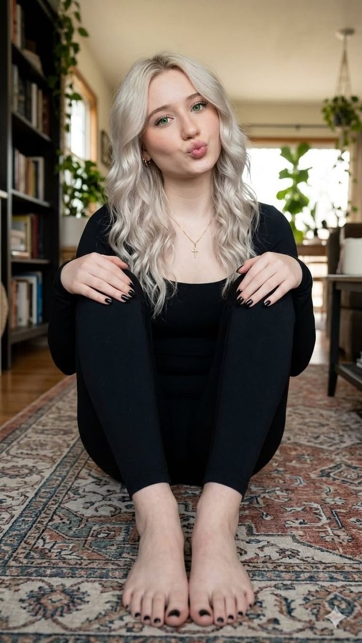 Woman with blonde hair and black clothing sitting on a patterned rug indoors