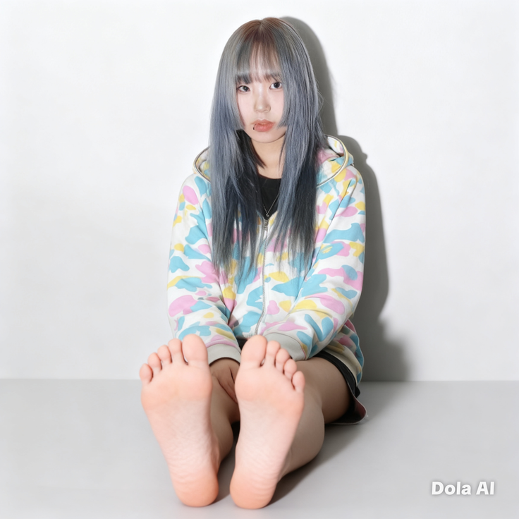 Person with blue hair and a colorful camouflage hoodie sitting on a white background