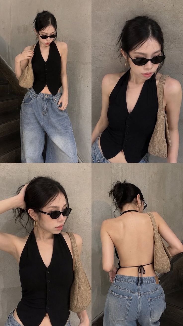 Woman in a black halter top and baggy jeans posing indoors