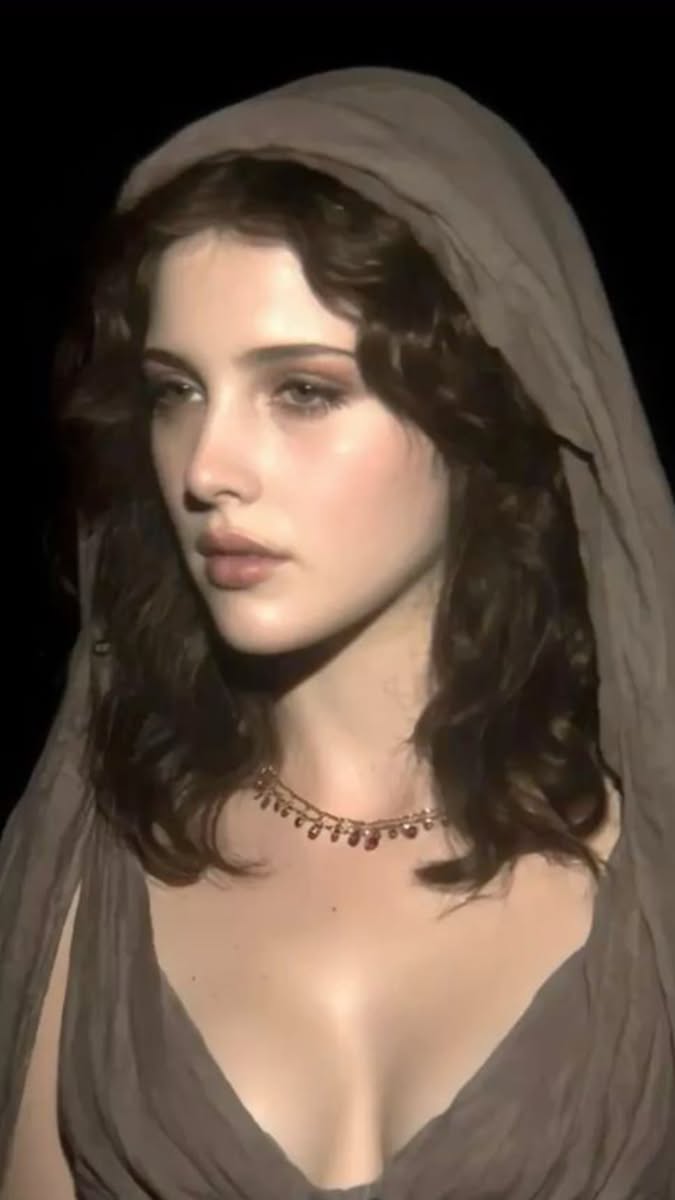 Woman with long wavy hair wearing a hooded dress and necklace, soft lighting