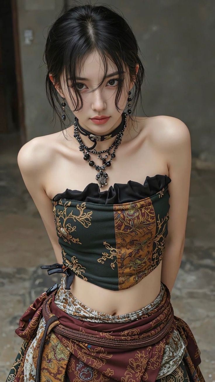 Woman with black hair wearing a strapless top and choker