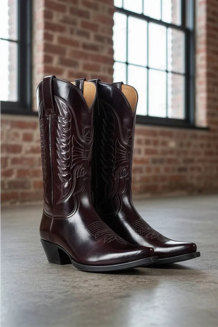 Pair of dark brown leather cowboy boots with embroidered details