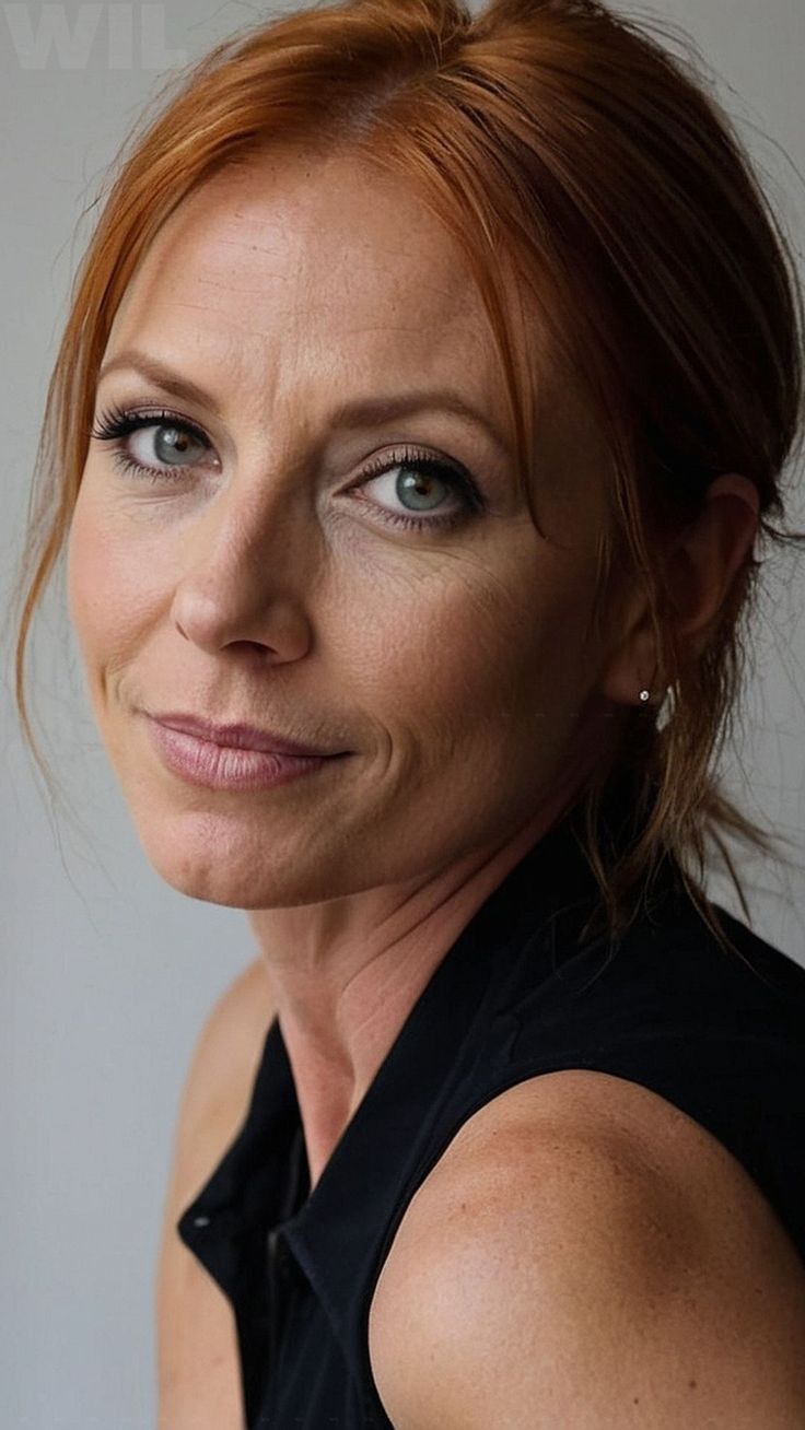 Woman with red hair and green eyes wearing a black top and small earrings