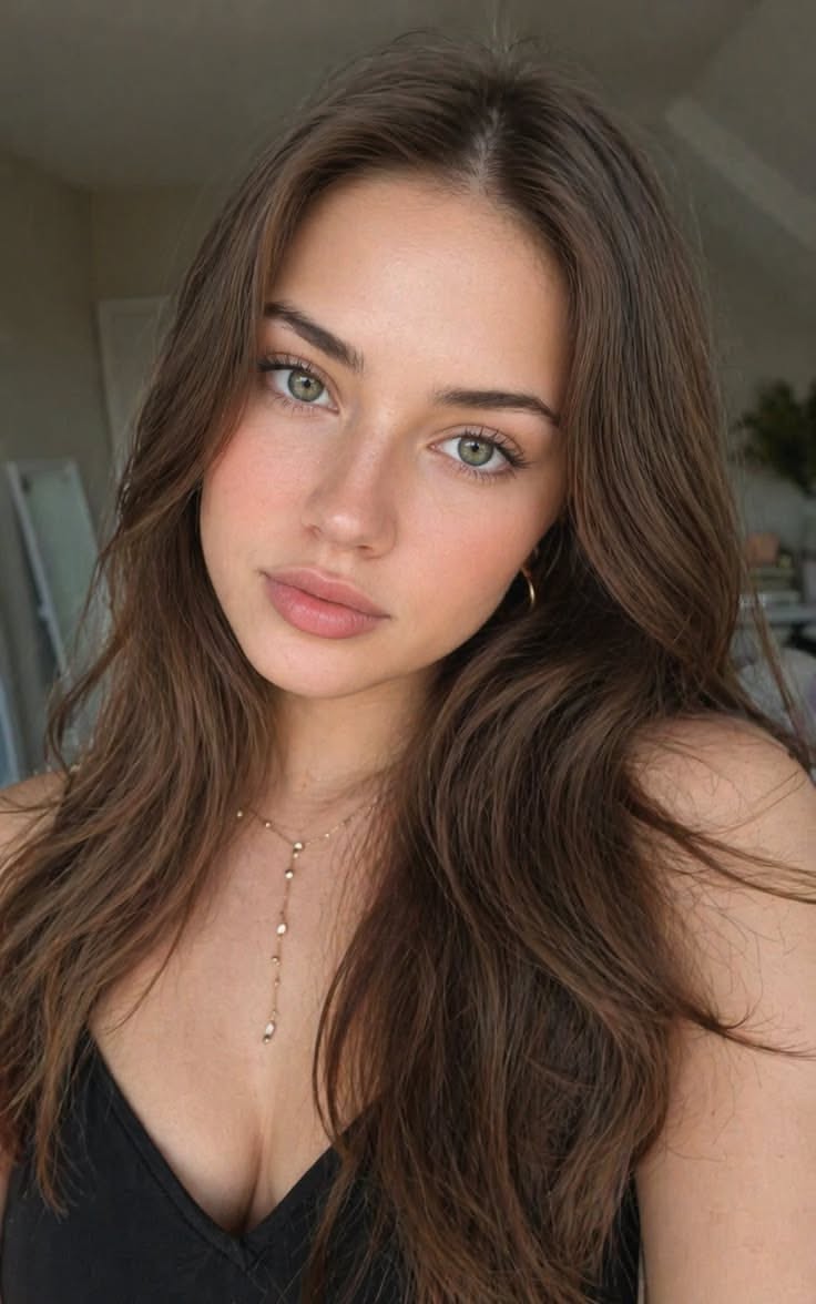 Woman with long brown hair and green eyes wearing a black top and gold necklace