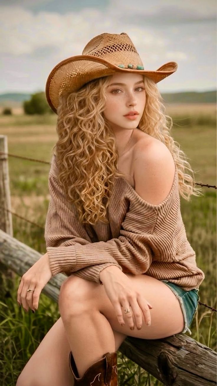 Woman with curly blonde hair and a cowboy hat sitting on a fence in the countryside