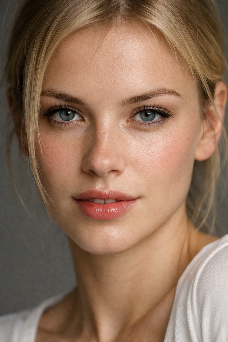 Close up portrait of a blonde woman with blue eyes and freckles