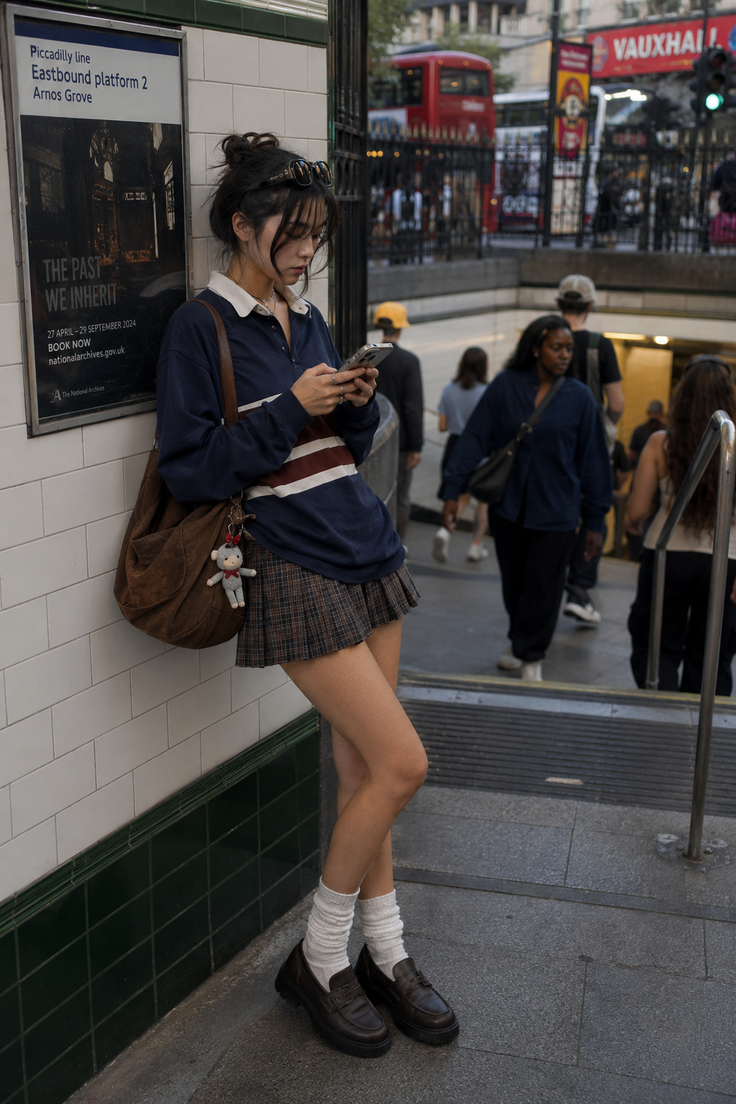 Woman in a plaid skirt and long sleeve shirt leaning against a wall at a subway station