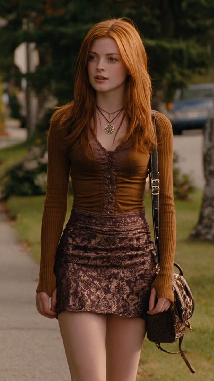 Woman with red hair wearing a brown top and mini skirt outdoors