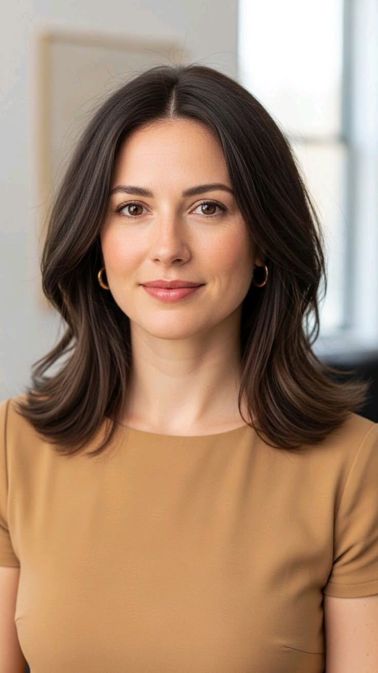 Woman with medium brown hair and gold hoop earrings in an indoor setting