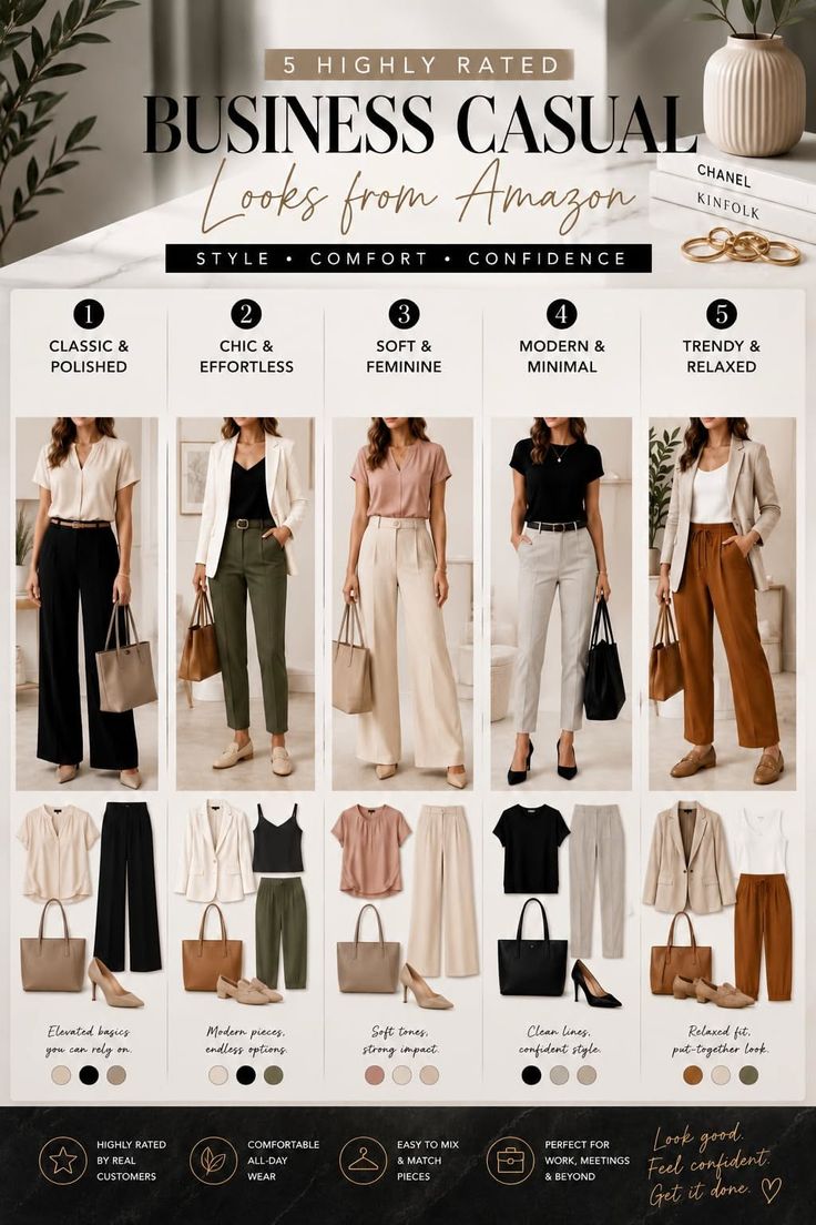 A fashion guide showcasing five business casual looks for women