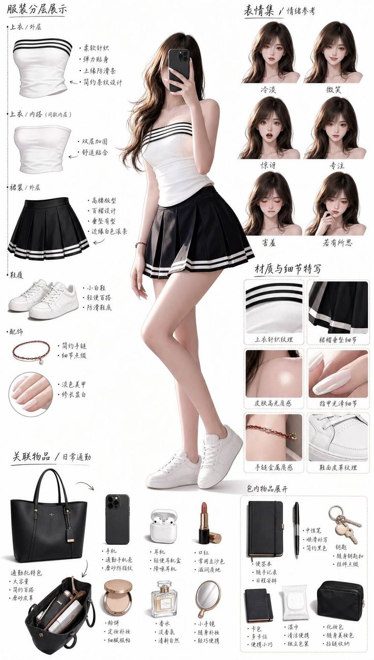 Anime style character in a white tube top and black pleated skirt with accessories