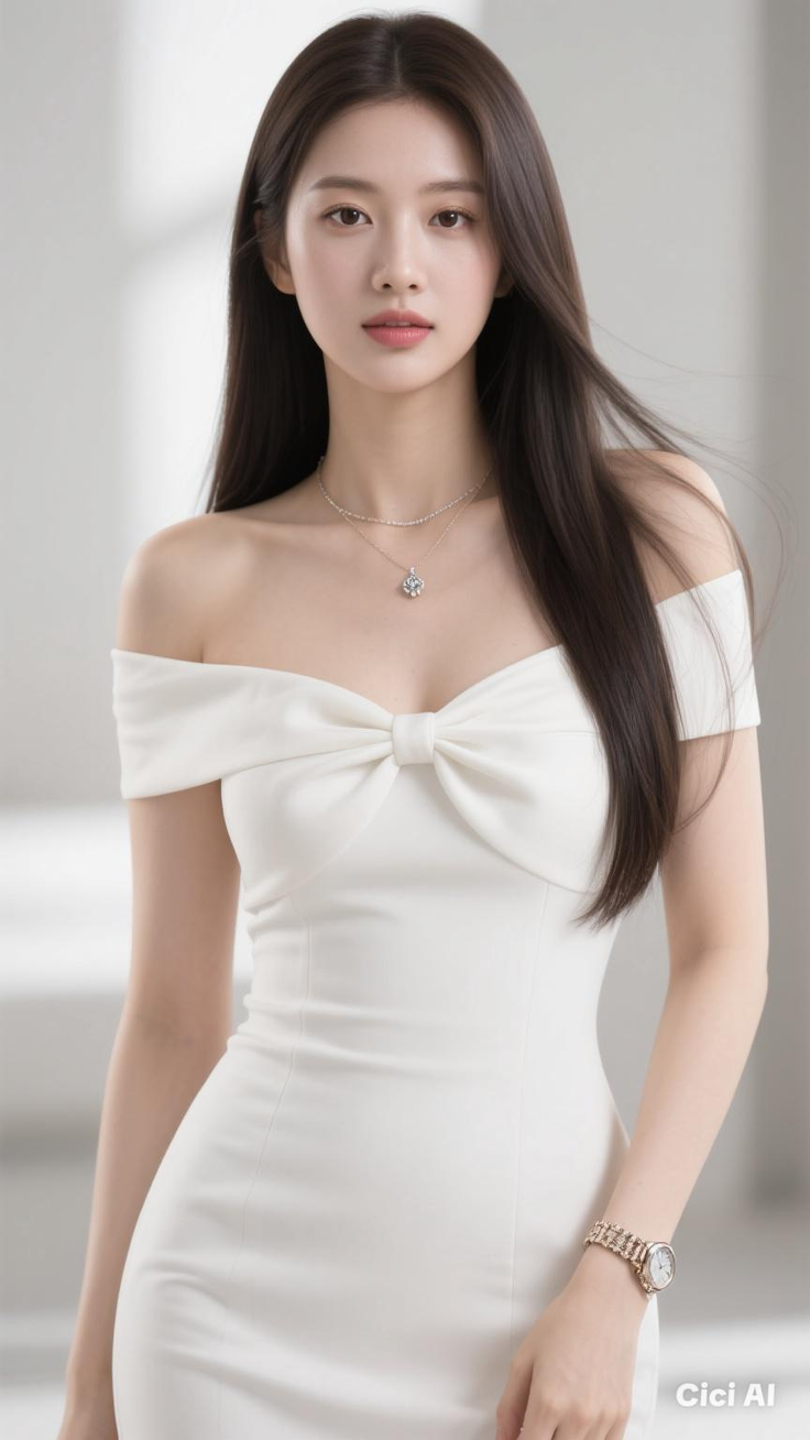 Woman in a white off-shoulder dress with a necklace and watch
