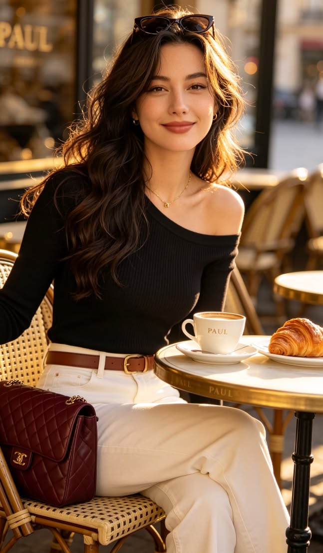 Woman with long hair in an off-shoulder top at an outdoor cafe during golden hour