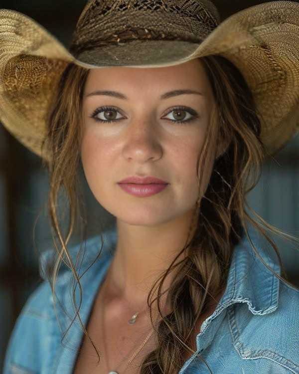 Woman in a cowboy hat and denim shirt with braided hair