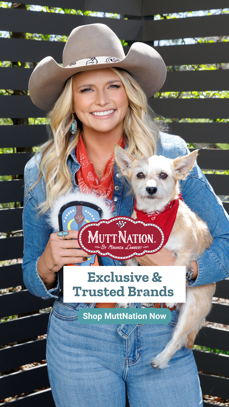 Woman in a cowboy hat and denim jacket holding a small dog