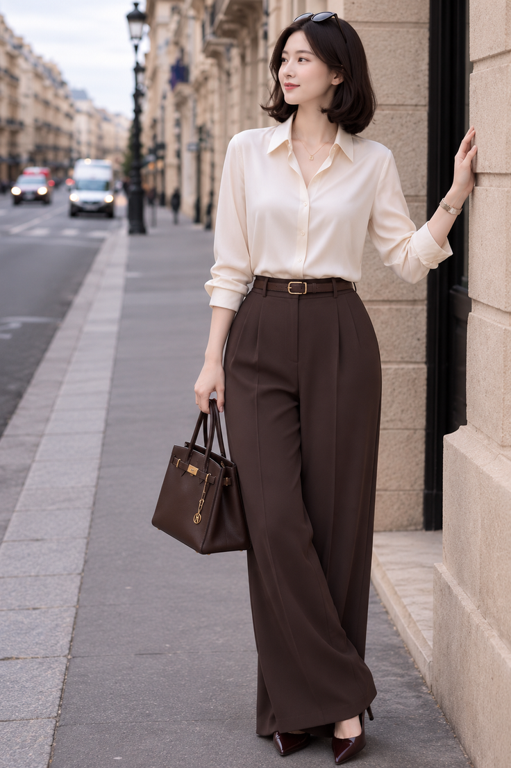 Woman in a white shirt and brown wide-leg pants on a city street