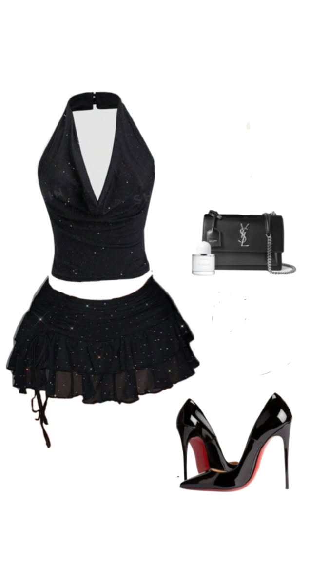 Black halter top and mini skirt with high heels and accessories